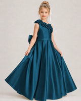 Teal Satin A-line Girls Formal Dress Front View