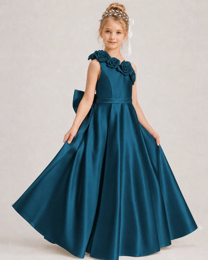 Teal Flower Girl Dress One-Shoulder 3D Rose Bow Satin Floor-Length Gown Front View
