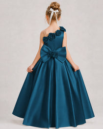 Teal Flower Girl Dress One-Shoulder 3D Rose Bow Satin Floor-Length Gown Back View