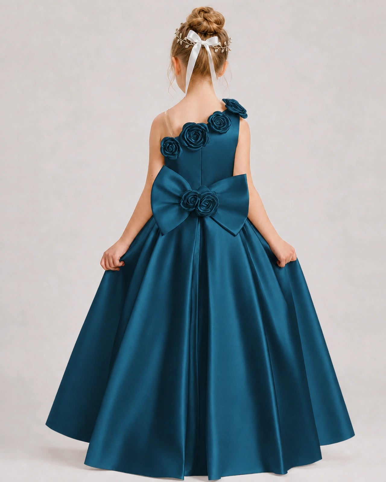 Teal Flower Girl Dress One-Shoulder 3D Rose Bow Satin Floor-Length Gown Back View