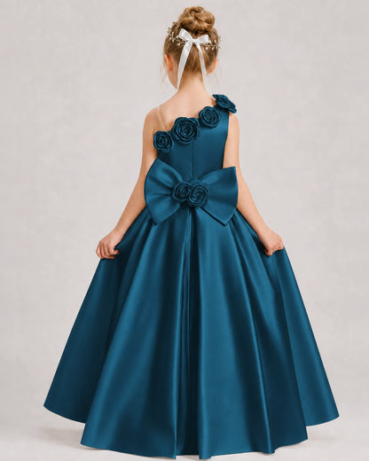 Teal Flower Girl Dress One-Shoulder 3D Rose Bow Satin Floor-Length Gown Back View