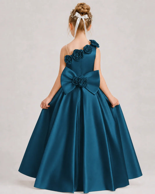 Teal Satin A-line Girls Formal Dress Back View