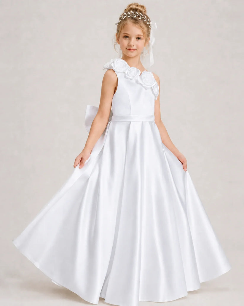 White Satin A-line Girls Formal Dress Front View