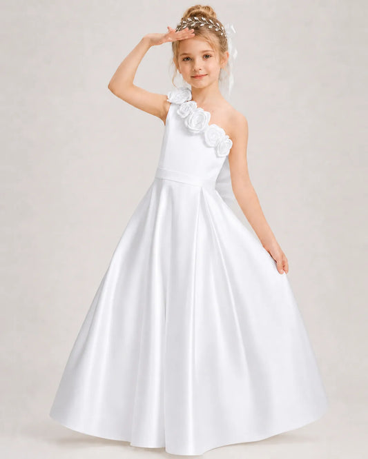 White Satin A-line Girls Formal Dress Front View
