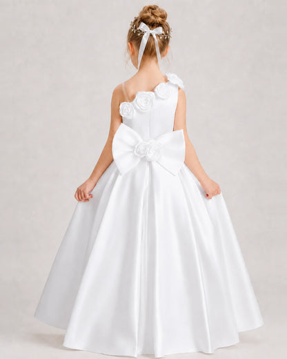 White Flower Girl Dress One-Shoulder 3D Rose Bow Satin Floor-Length Gown Back View
