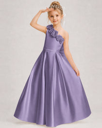 Wisteria Flower Girl Dress One-Shoulder 3D Rose Bow Satin Floor-Length Gown Front View