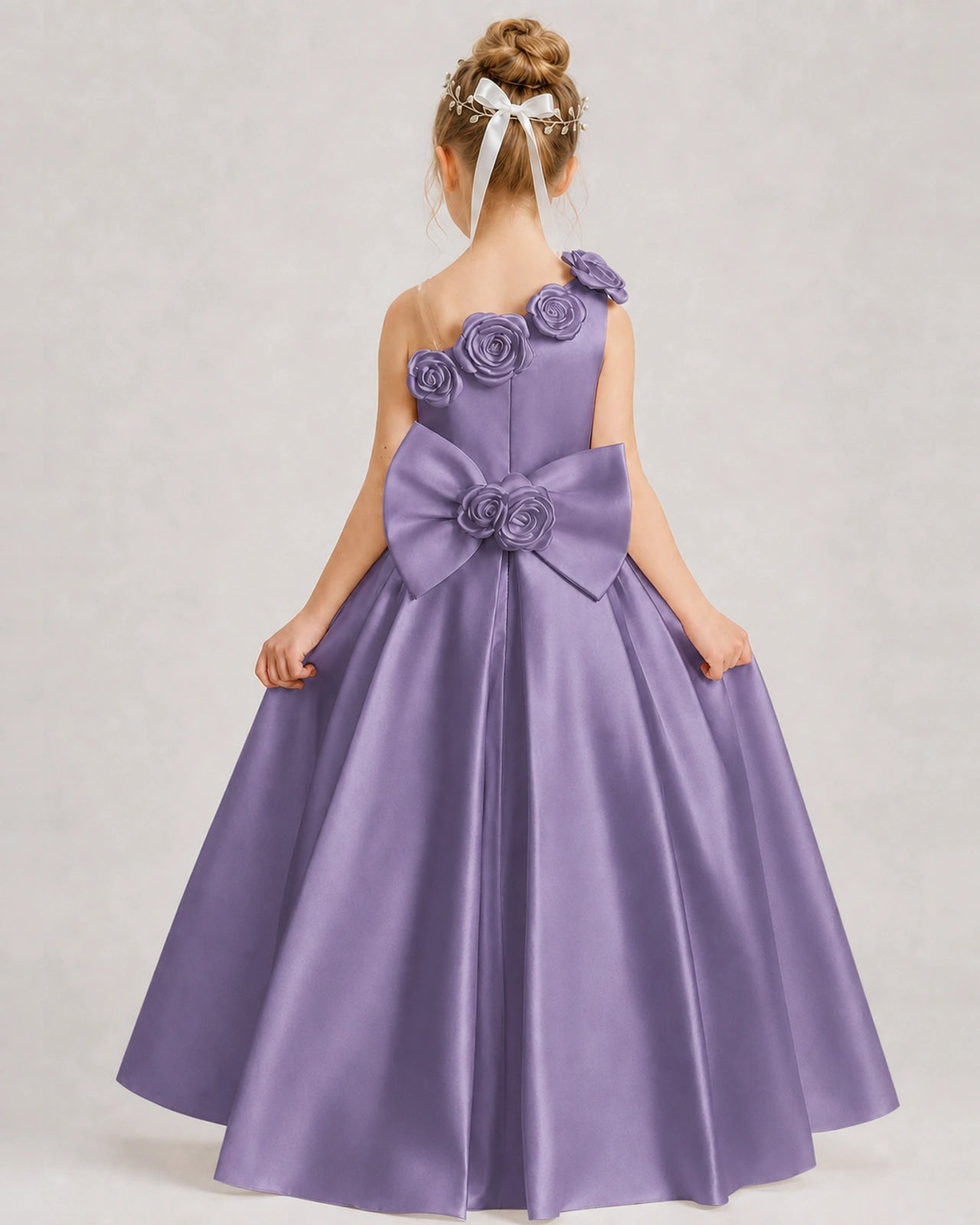 Wisteria Flower Girl Dress One-Shoulder 3D Rose Bow Satin Floor-Length Gown Back View