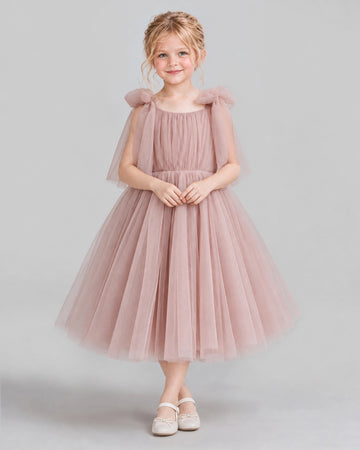 Dideyttawl Flutter Sleeve Bow Flower Girl Wedding Dress
