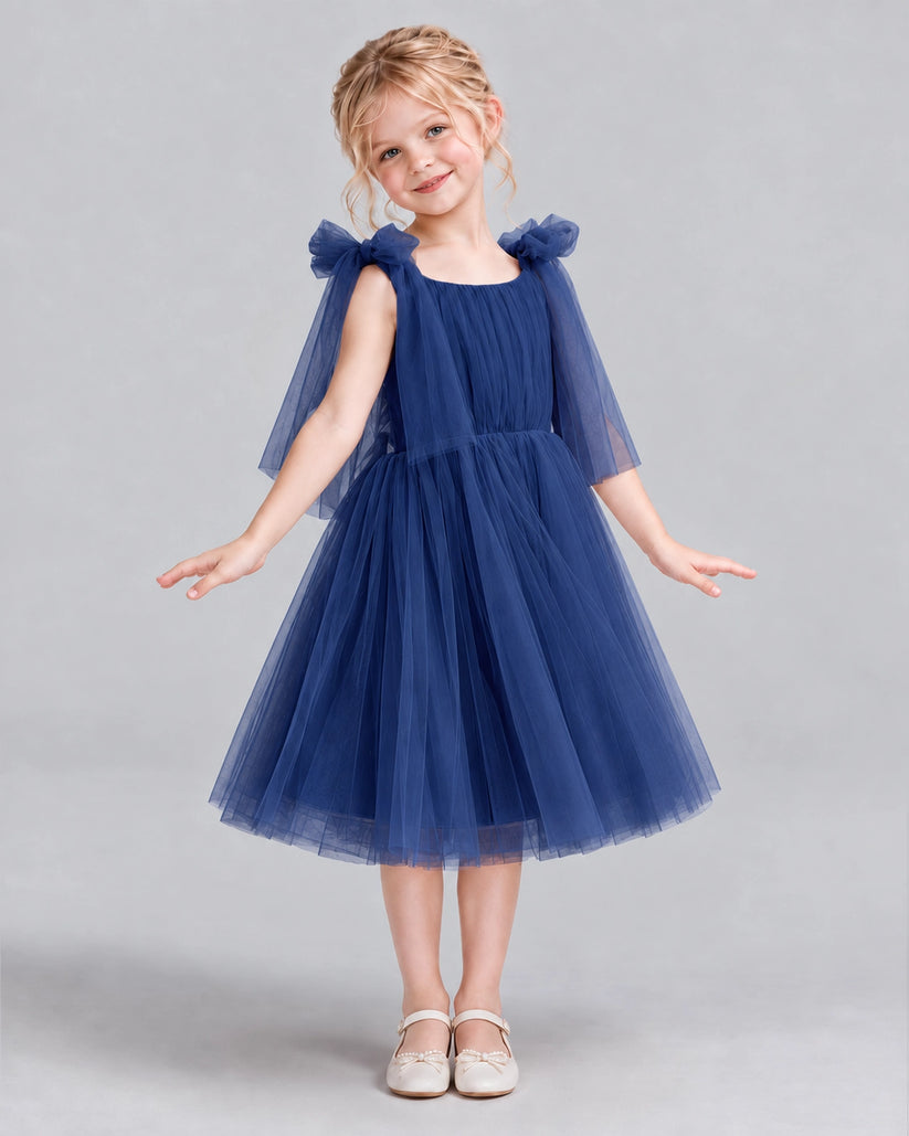 Navy Blue A-line Flower Girl Dresses Side
