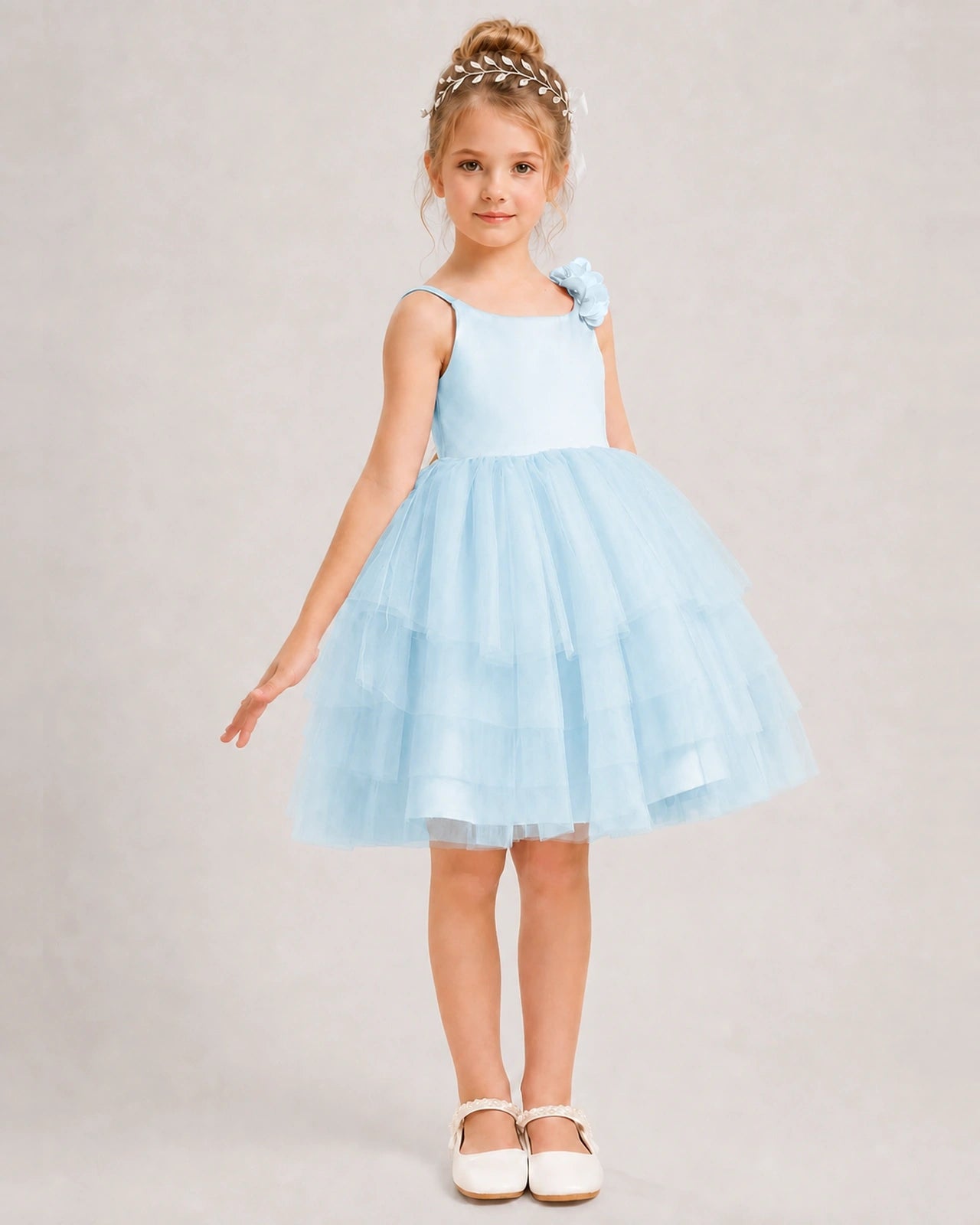 Baby Blue Flower Girl Dress Spaghetti Strap 3D Floral Tiered Tulle Gown Side View