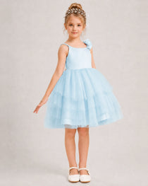 Baby Blue Flower Girl Dress Spaghetti Strap 3D Floral Tiered Tulle Gown Side View