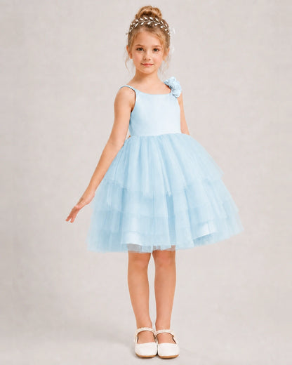 Baby Blue Flower Girl Dress Spaghetti Strap 3D Floral Tiered Tulle Gown Side View