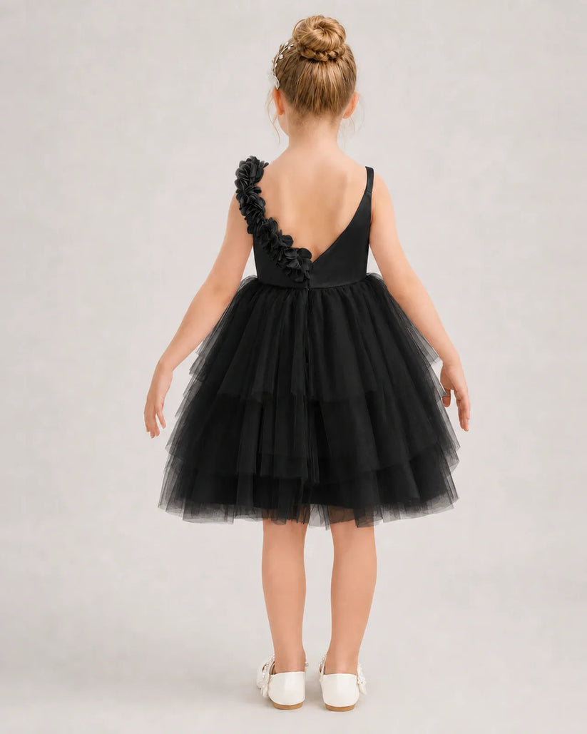 Black Tulle A-line Girls Formal Dress Back View