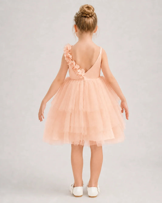 Blush Pink Tulle A-line Girls Formal Dress Back View