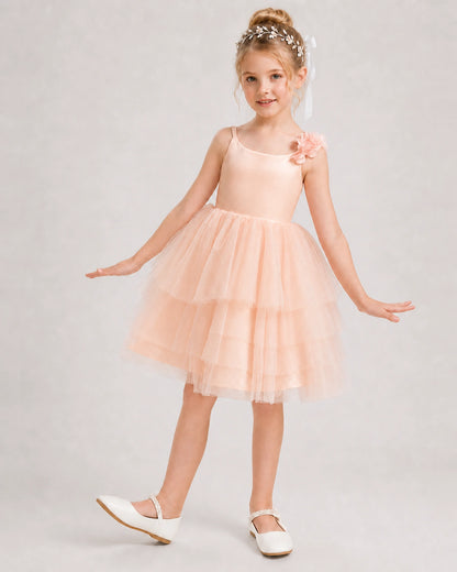 Blush Pink Flower Girl Dress Spaghetti Strap 3D Floral Tiered Tulle Gown Front View