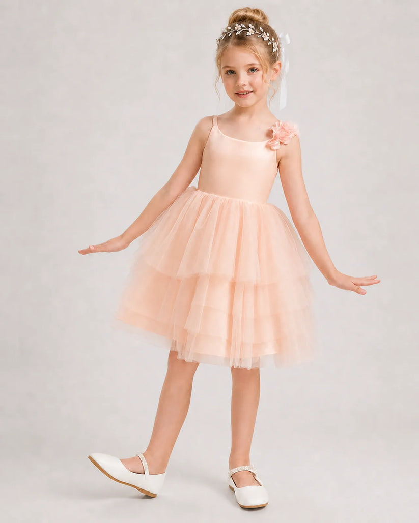 Blush Pink Tulle A-line Girls Formal Dress Front View