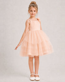 Blush Pink Flower Girl Dress Spaghetti Strap 3D Floral Tiered Tulle Gown Side View