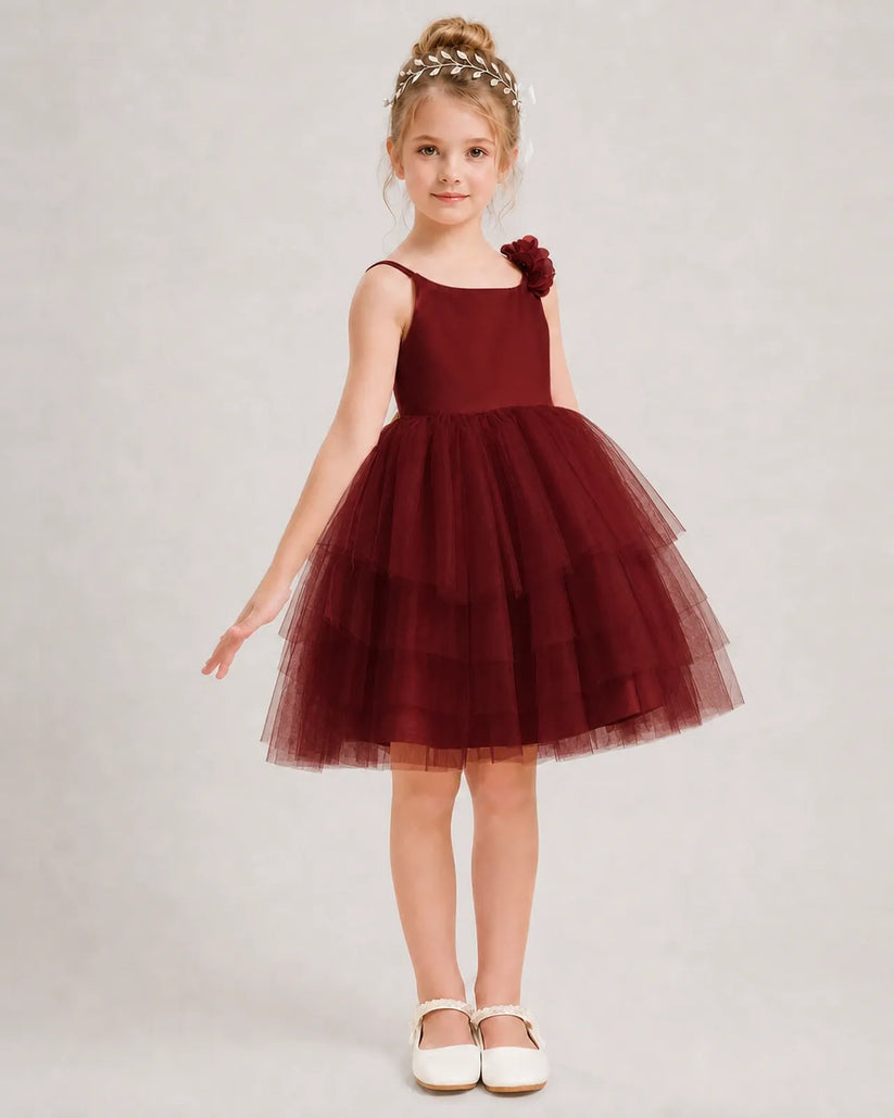Burgundy Tulle A-line Girls Formal Dress Front View