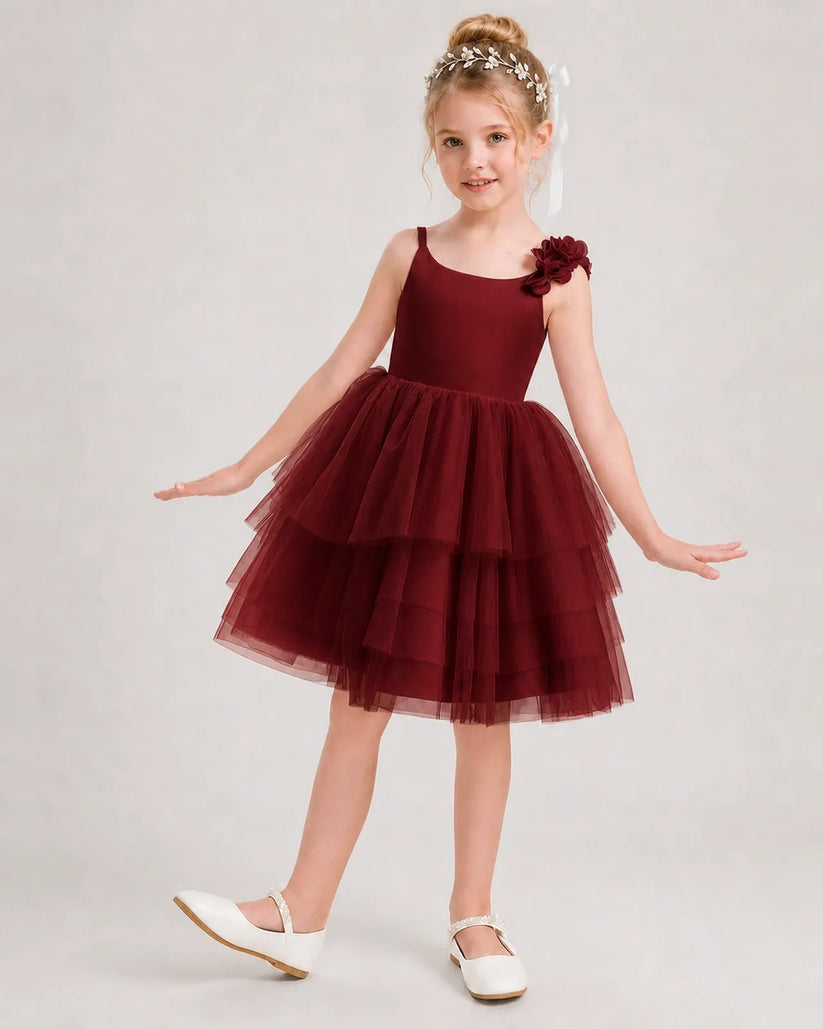 Burgundy Tulle A-line Girls Formal Dress Front View