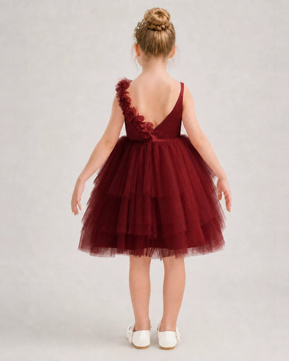 Burgundy Flower Girl Dress Spaghetti Strap 3D Floral Tiered Tulle Gown Back View
