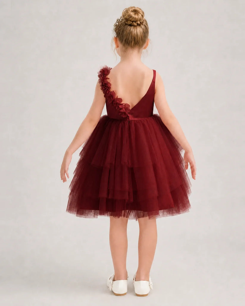 Burgundy Tulle A-line Girls Formal Dress Back View