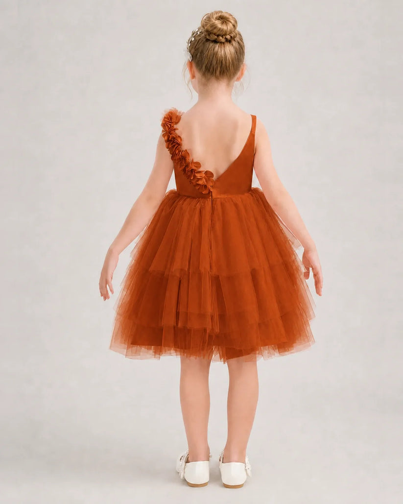 Burnt Orange Tulle A-line Girls Formal Dress Back View