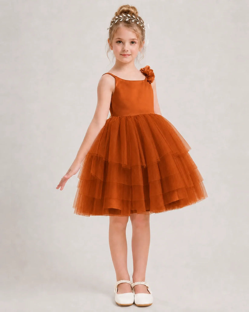 Burnt Orange Tulle A-line Girls Formal Dress Front View