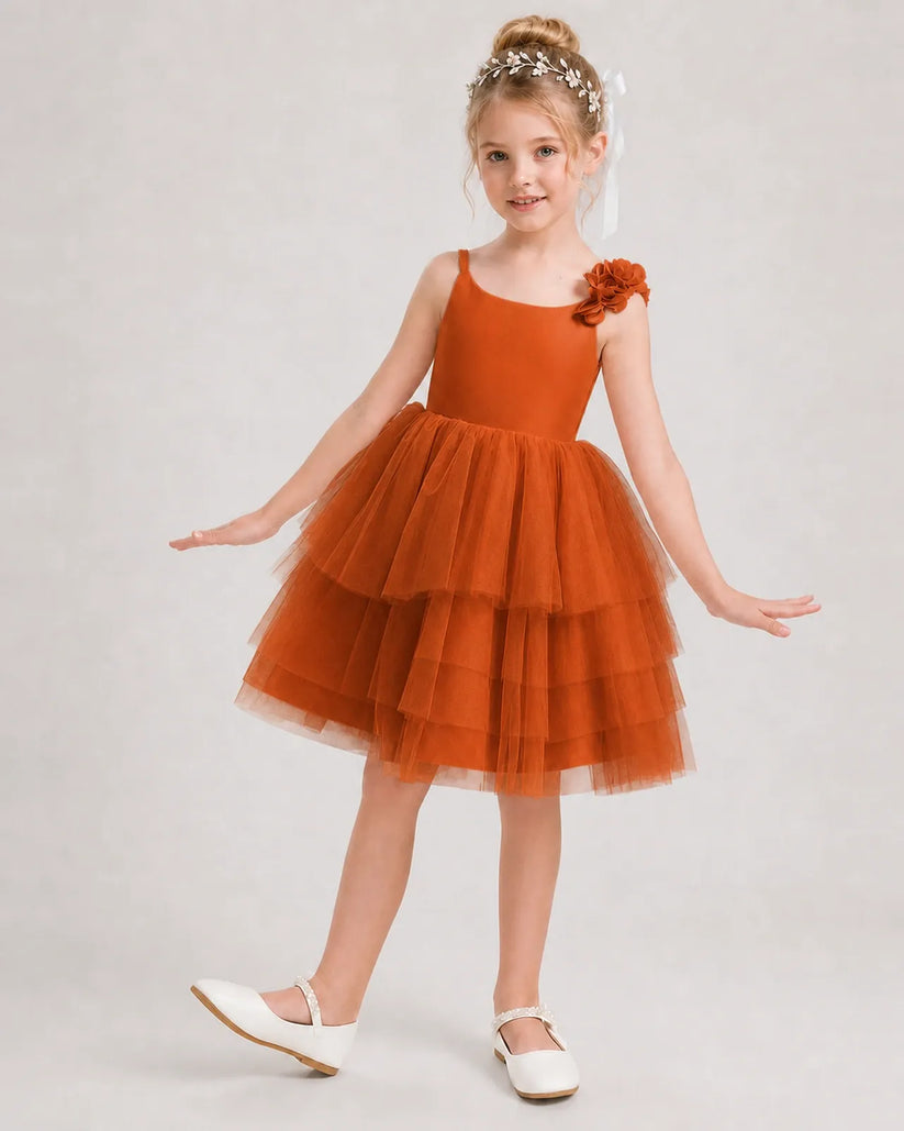 Burnt Orange Tulle A-line Girls Formal Dress Front View