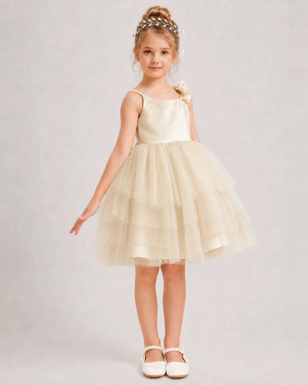 Champagne Flower Girl Dress 3D Floral Tiered Short Tulle Gown Side View