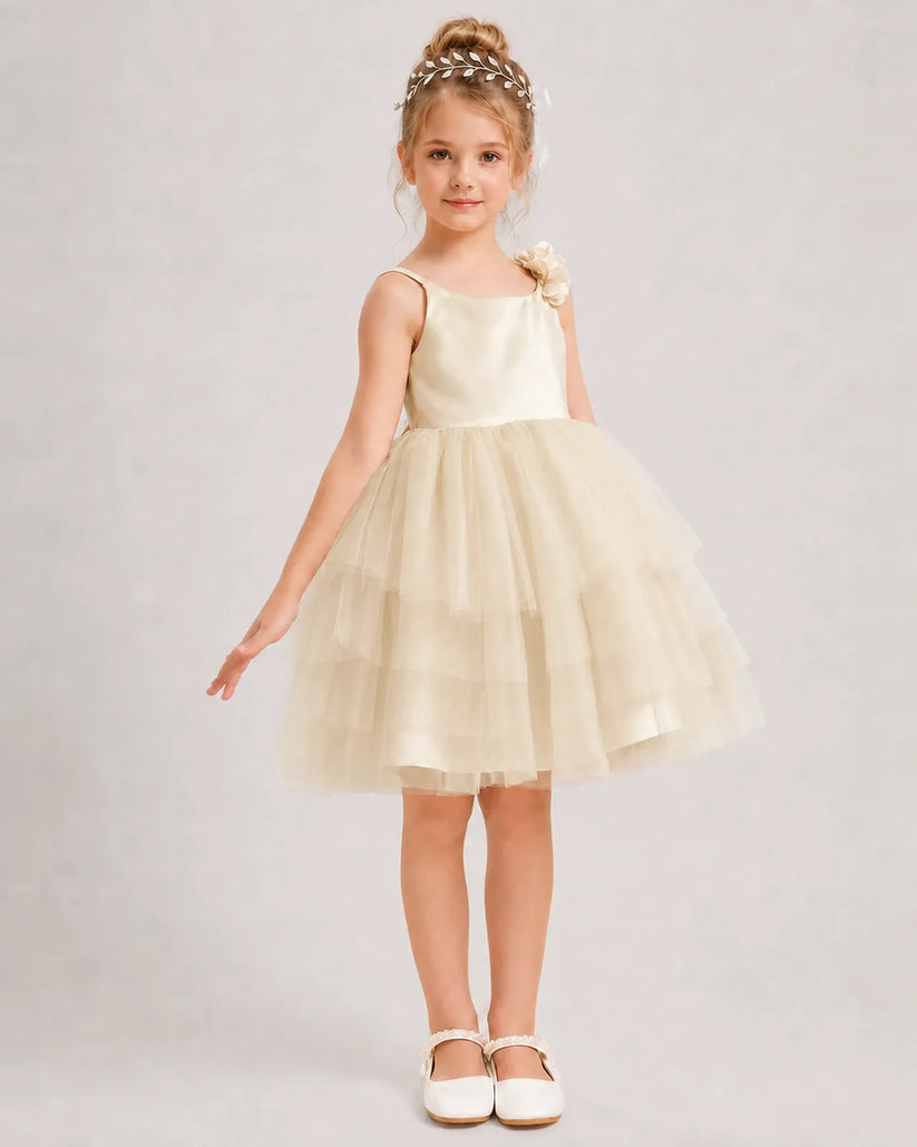 Champagne Tulle Ball Gown Girls Formal Dress Front View