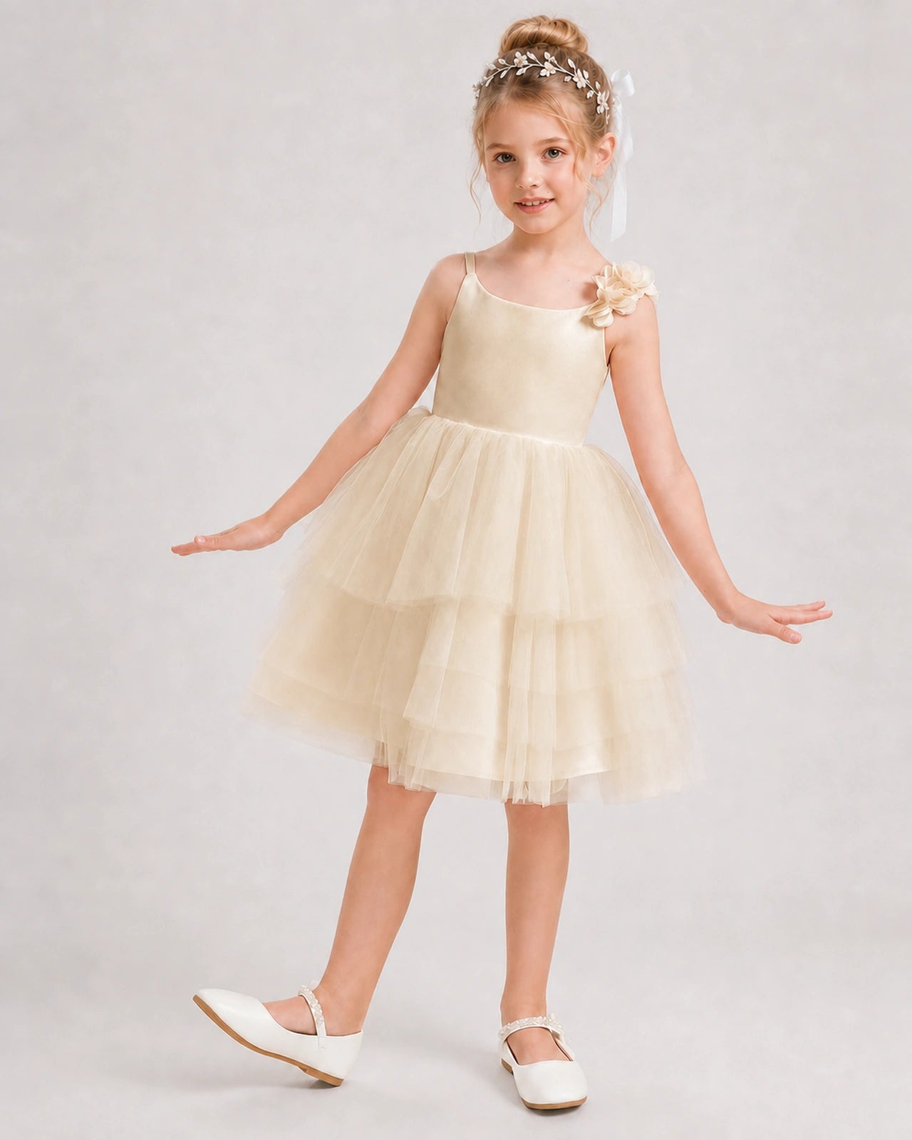 Champagne Flower Girl Dress 3D Floral Tiered Short Tulle Gown Front View