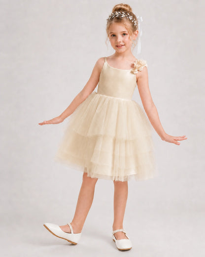 Champagne Flower Girl Dress 3D Floral Tiered Short Tulle Gown Front View