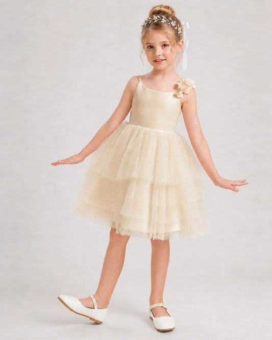 Champagne Tulle A-line Girls Formal Dress Front View