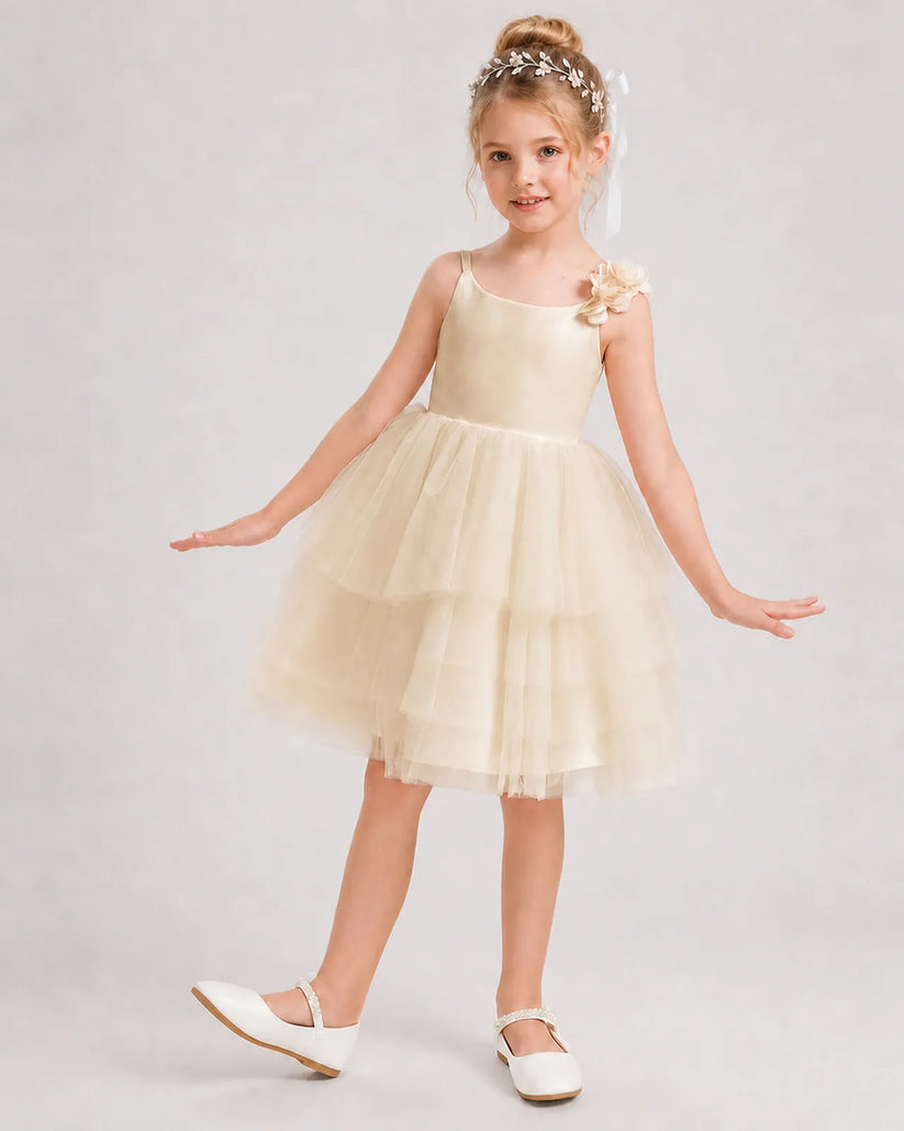 Champagne Tulle A-line Girls Formal Dress Front View
