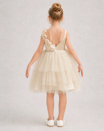 Champagne Flower Girl Dress 3D Floral Tiered Tulle Gown Back View