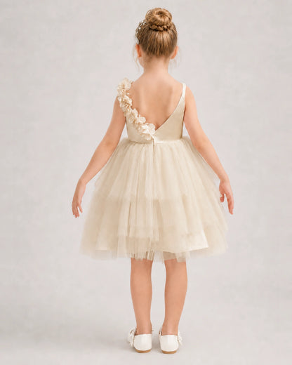 Champagne Flower Girl Dress 3D Floral Tiered Tulle Gown Back View