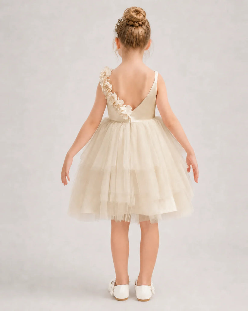 Champagne Tulle A-line Girls Formal Dress Back View
