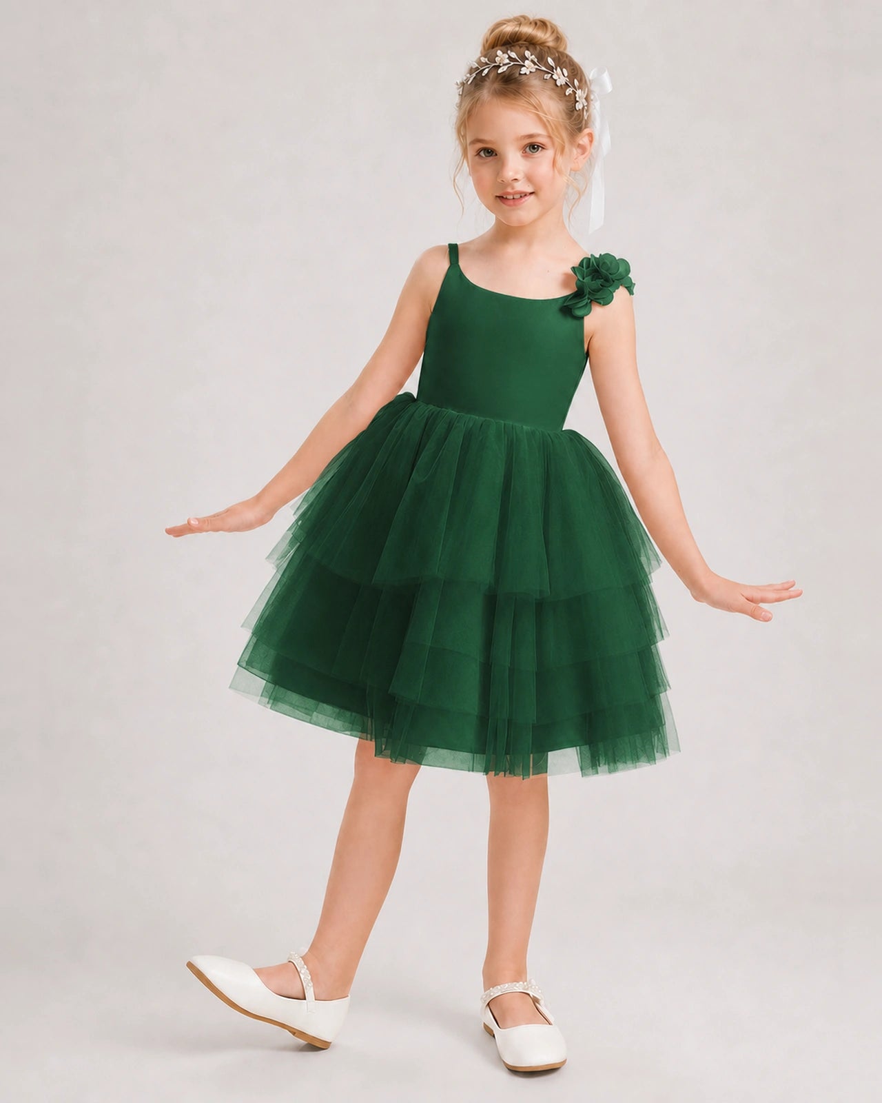 Dark Green Flower Girl Dress 3D Floral Tiered Short Tulle Gown Front View