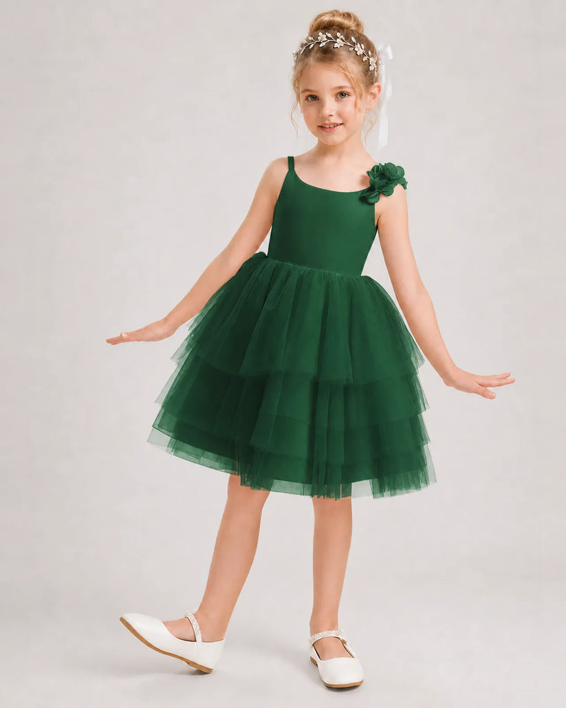 Dark Green Tulle A-line Girls Formal Dress Front View