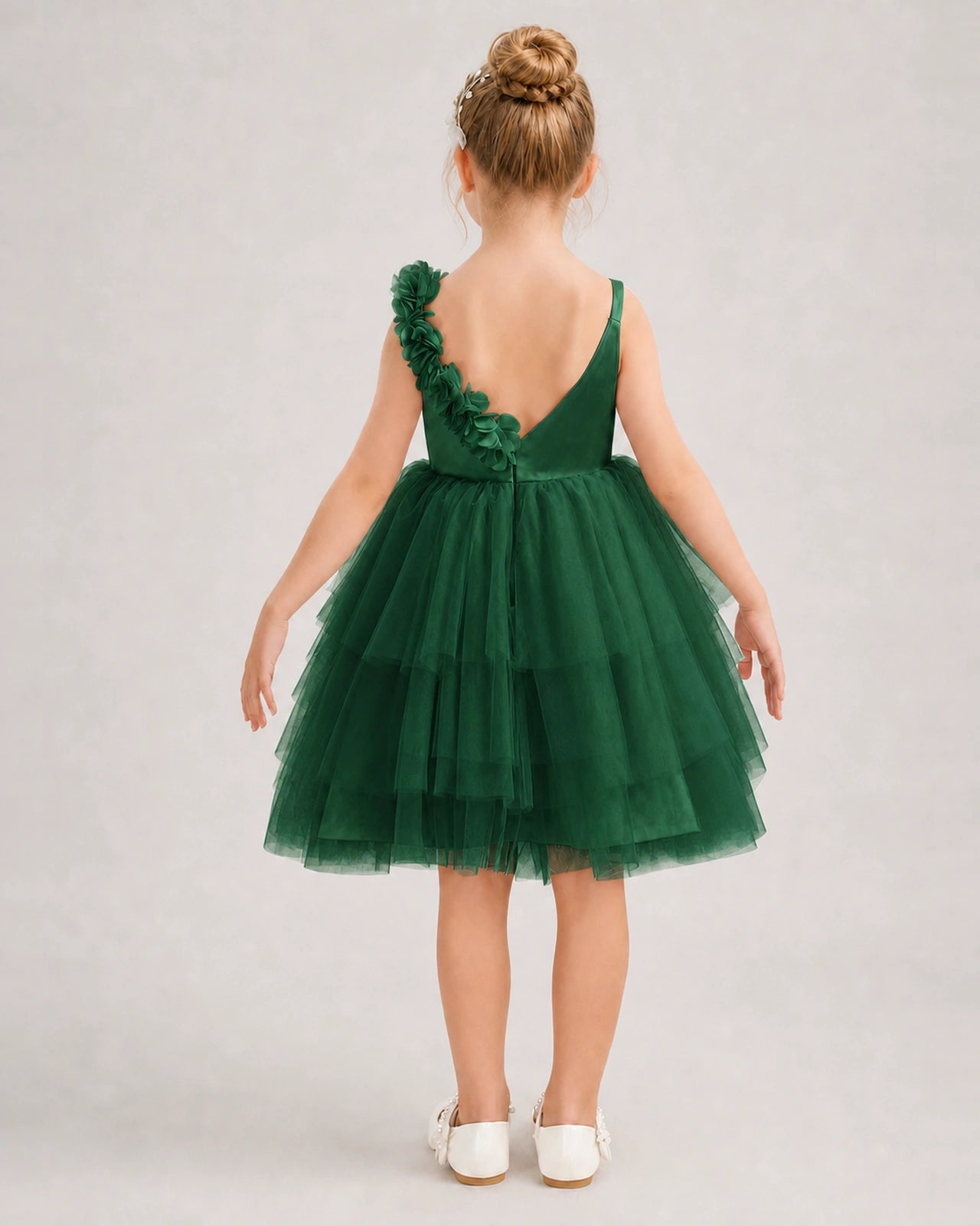 Dark Green Flower Girl Dress 3D Floral Tiered Short Tulle Gown Back View