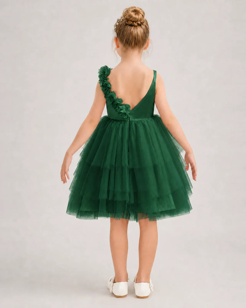 Dark Green Tulle A-line Girls Formal Dress Back View
