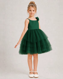 Dark Green Flower Girl Dress 3D Floral Tiered Short Tulle Gown Side View