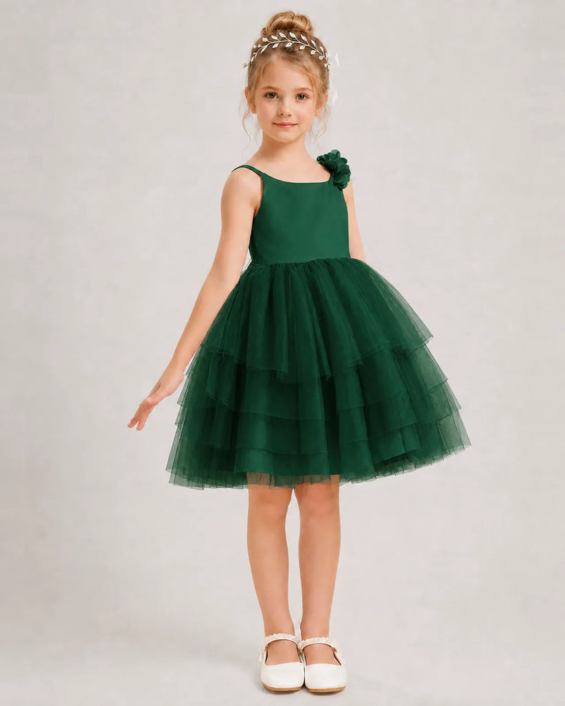 Dark Green Tulle A-line Girls Formal Dress Front View