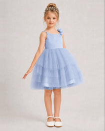 Dusty Blue Flower Girl Dress 3D Floral Tiered Short Tulle Gown Side View
