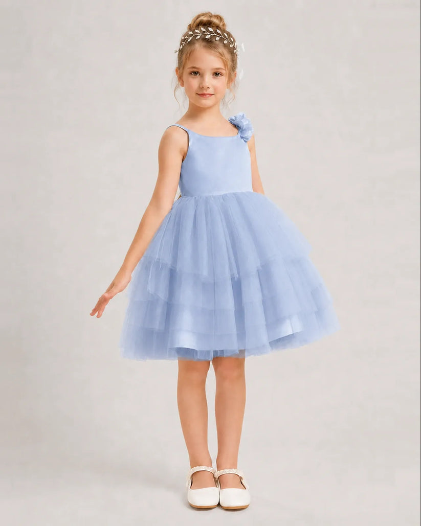 Dusty Blue Tulle A-line Girls Formal Dress Front View