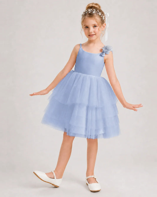 Dusty Blue Tulle A-line Girls Formal Dress Front View
