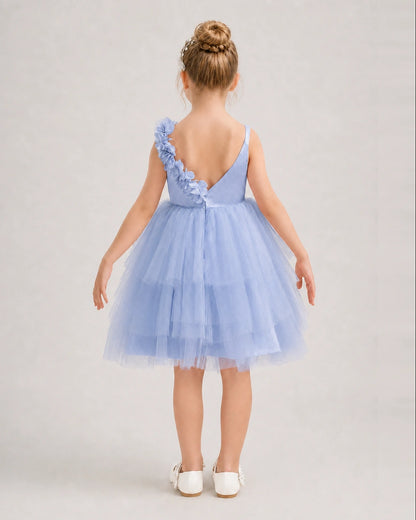 Dusty Blue Flower Girl Dress 3D Floral Tiered Short Tulle Gown Back View
