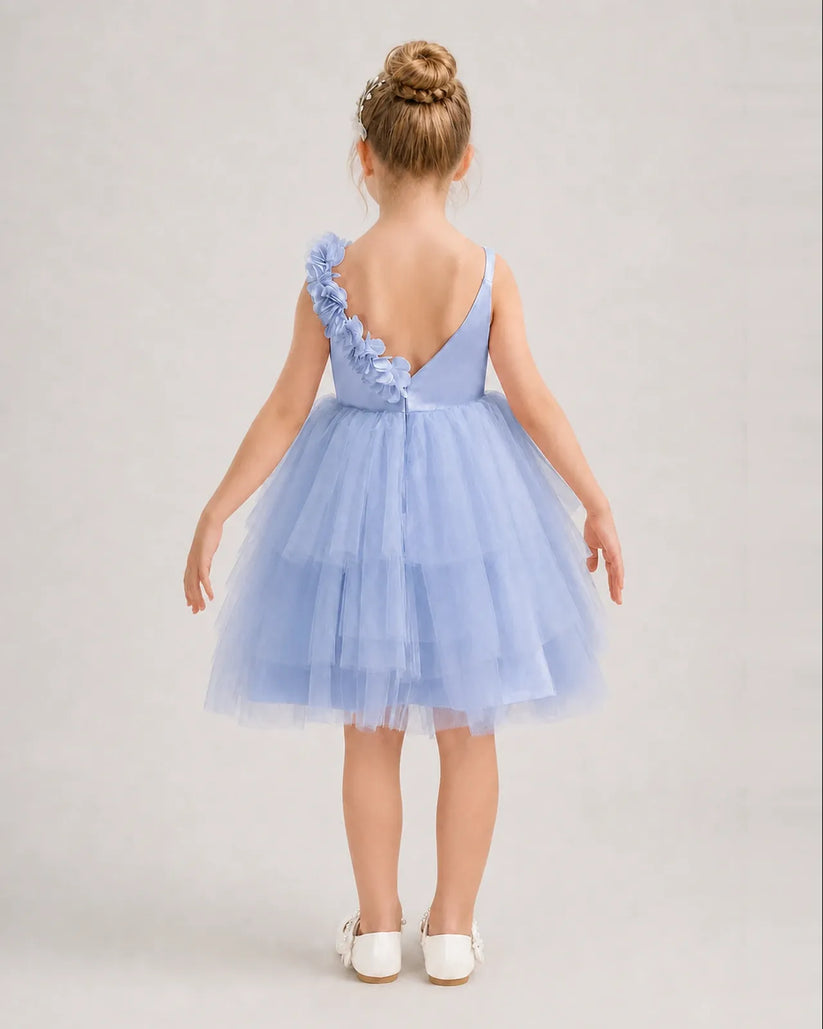 Dusty Blue Tulle A-line Girls Formal Dress Back View