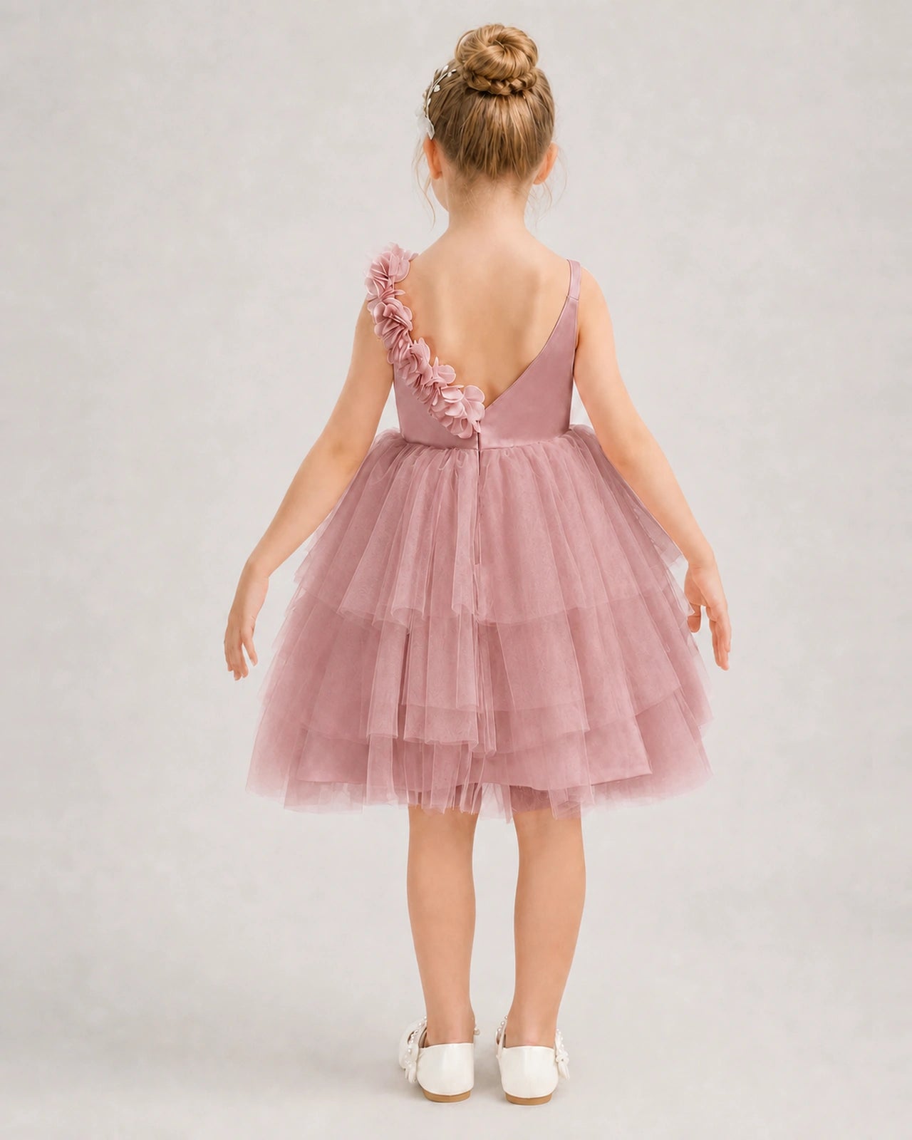 Dusty Rose Flower Girl Dress 3D Floral Tiered Short Tulle Gown Back View