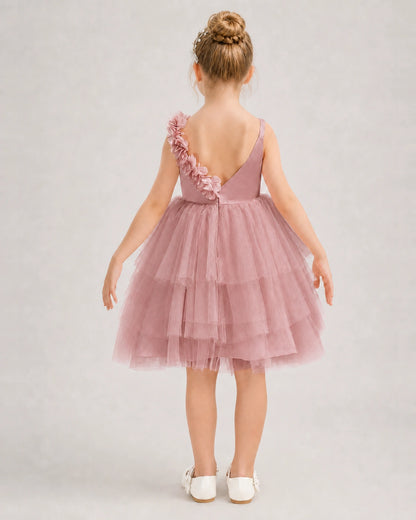 Dusty Rose Flower Girl Dress 3D Floral Tiered Short Tulle Gown Back View